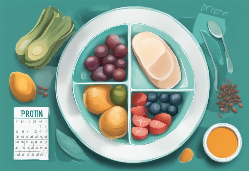 Illustrazione digitale moderna con tema colore teal, raffigurante un piatto bilanciato di alimenti ricchi di proteine, un planner giornaliero con obiettivi orari di assunzione proteica e una bilancia che rappresenta la perdita di peso. Parole chiave: quante proteine al giorno per dimagrire.