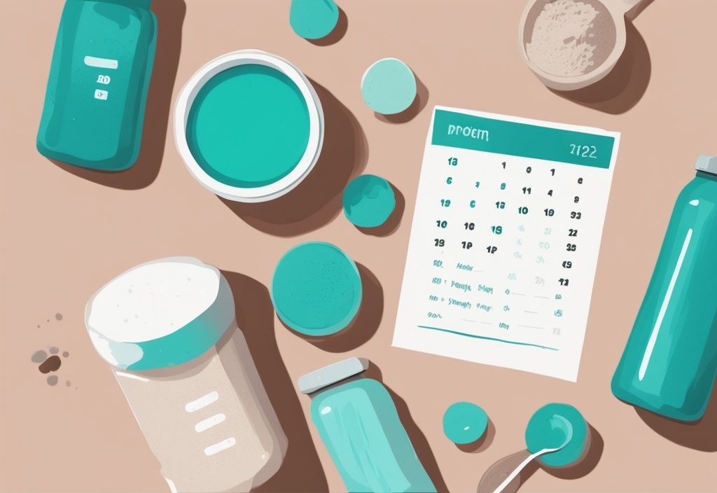 Illustrazione digitale moderna con tema colore teal, calendario con contenitori di proteine in polvere all'inizio e punto interrogativo alla fine.