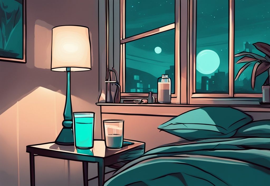 Illustrazione digitale moderna di una camera da letto di notte con un tavolino che tiene un bicchiere di frullato di proteine, una confezione di proteine in polvere prima di dormire e una lampada attenuata.