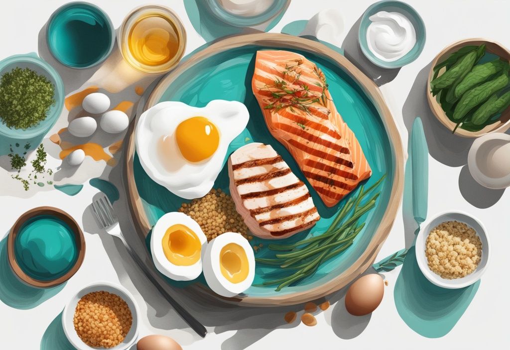 Illustrazione digitale moderna con tema colore teal: varietà di alimenti proteici magri come petto di pollo grigliato, filetto di salmone, quinoa, yogurt greco e uova sode, disposti artisticamente su una superficie bianca e pulita.