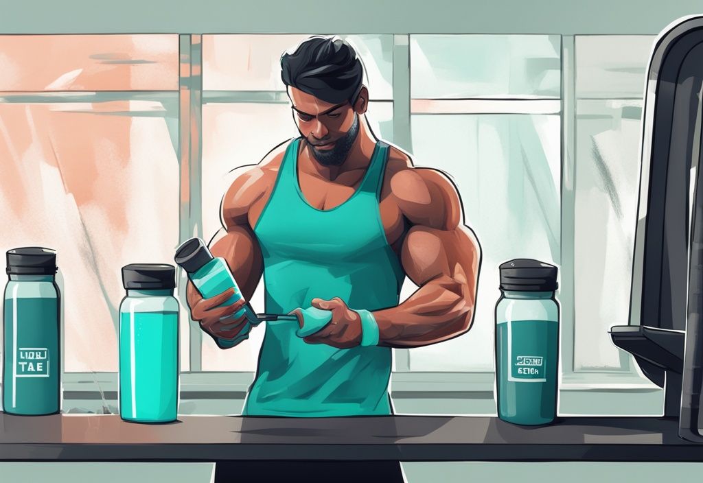 Illustrazione digitale moderna con tema principale in teal, con varie proteine in polvere accanto ad attrezzi da palestra e un appassionato di fitness muscoloso che misura una dose in una bottiglia shaker. a cosa servono le proteine in polvere