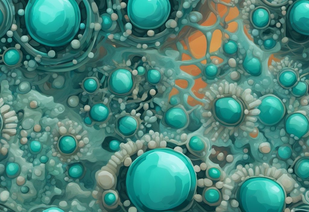 Illustrazione digitale moderna con strutture intricate di proteine idrolizzate o isolate in tonalità di teal.