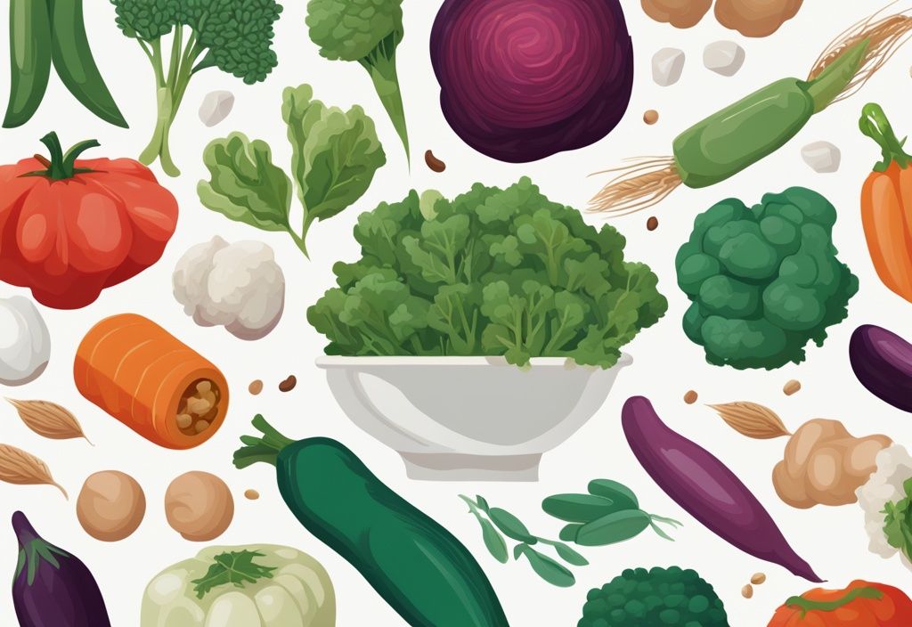 Illustrazione digitale moderna con tema principale color turchese, assortimento di verdure fresche, legumi e cereali su sfondo bianco, rappresentazione di alimenti a basso contenuto proteico.