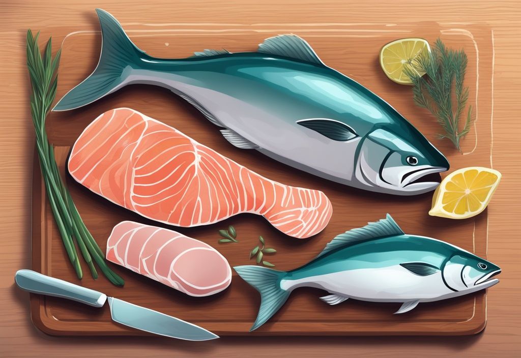 Illustrazione digitale moderna con tema principale color teal: vari pesci come salmone, tonno e halibut su un tagliere di legno, con il loro contenuto proteico evidenziato; pesce con più proteine.