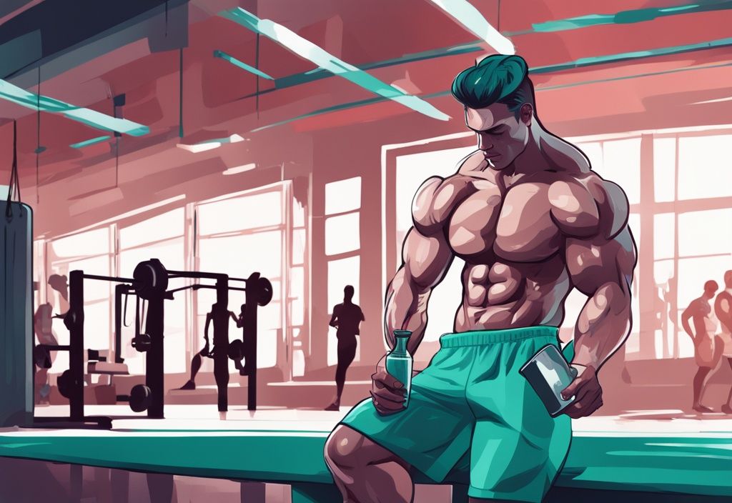 Illustrazione moderna di un individuo muscoloso che consuma un frullato proteico in palestra, suggerendo periodi di pre-allenamento e post-allenamento, proteine prima o dopo allenamento.