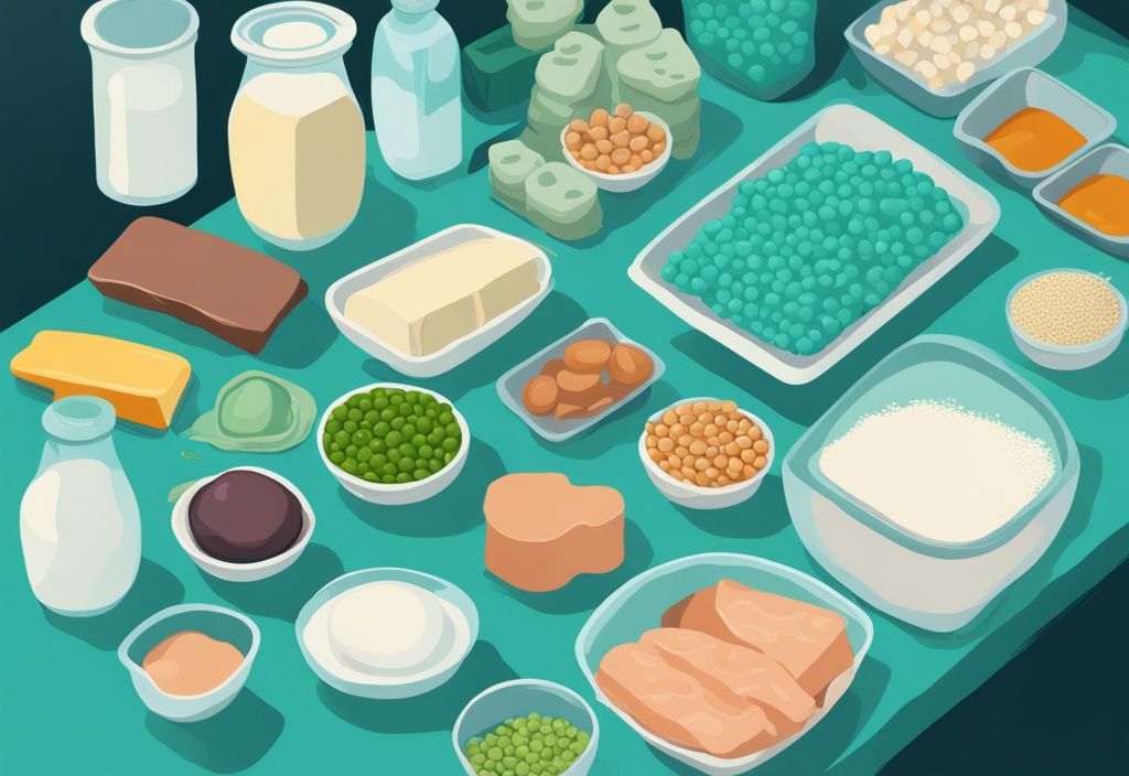 Illustrazione digitale moderna con tema principale color teal che mostra varie forme di proteine isolate, come polvere e barrette, insieme a fonti alimentari grezze come latte, soia e piselli su un piano di lavoro da cucina ordinato. Proteine isolate cosa sono.