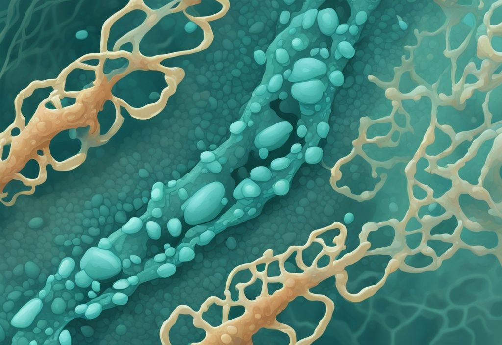 Illustrazione digitale moderna di proteine idrolizzate e isolate viste al microscopio, con tema principale color teal.