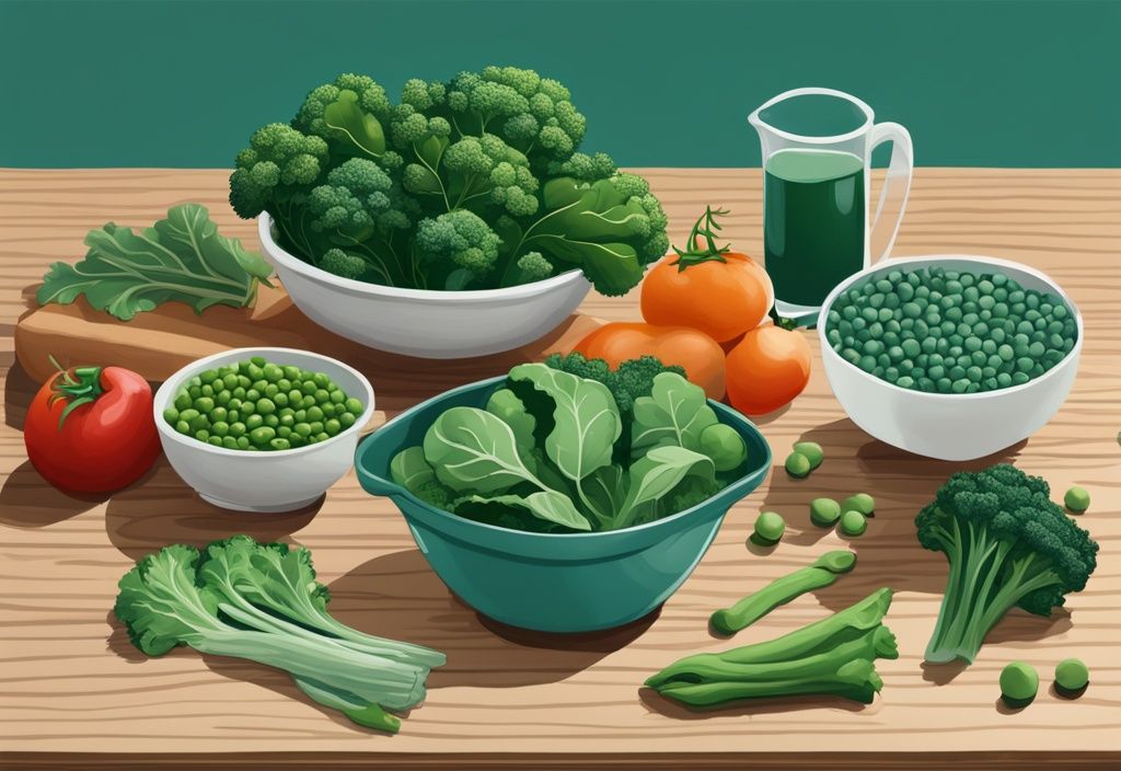 Illustrazione digitale moderna con tema principale teal, assortimento di verdure ad alto contenuto proteico come spinaci, broccoli, piselli e cavolo riccio, disposte esteticamente su un bancone da cucina in legno.