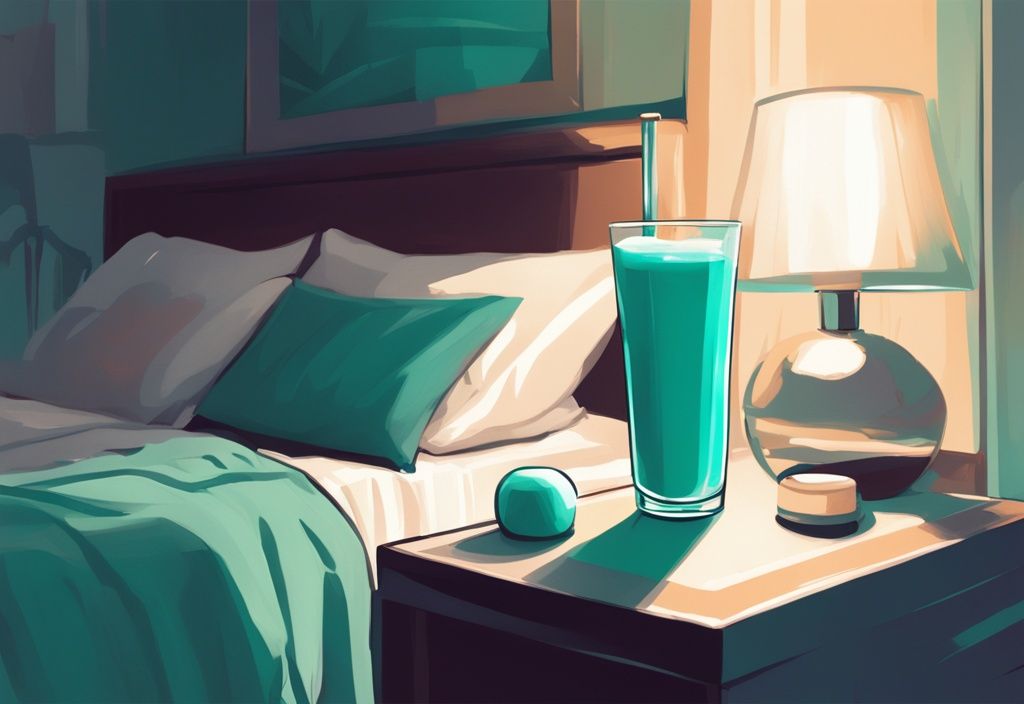 Illustrazione digitale moderna di una camera da letto serena con tema colore teal, bicchiere di frullato proteico sul comodino sotto luce soffusa.