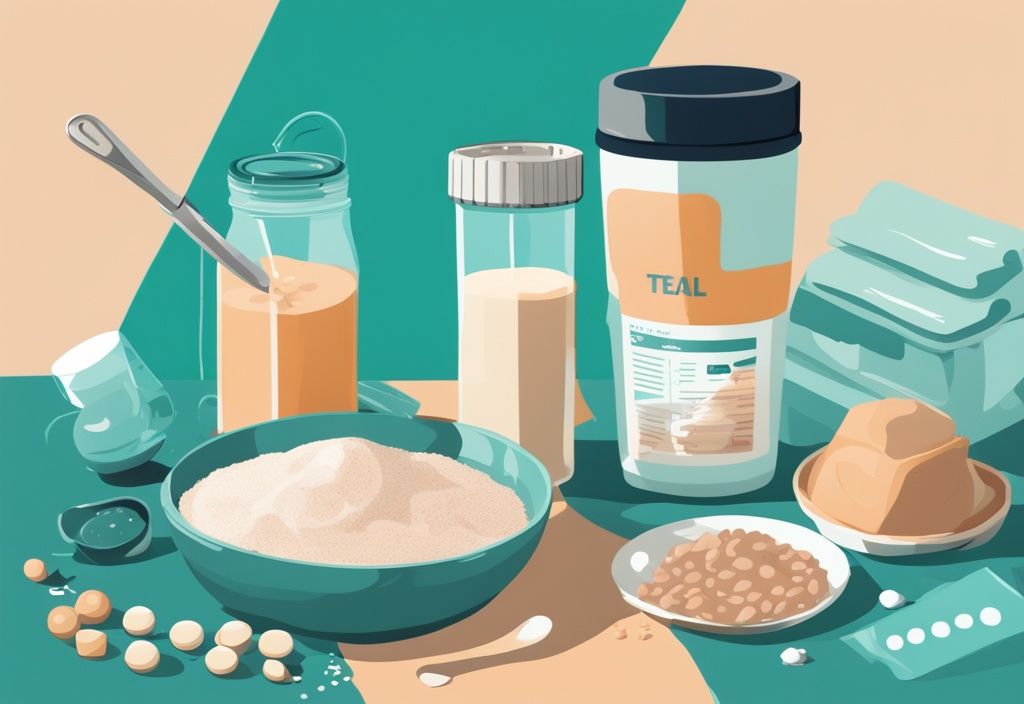 Illustrazione digitale moderna con tema principale color teal, raffigurante alimenti ricchi di proteine, un shaker per proteine e una mano che tiene un misurino di proteine con diverse misurazioni per il consumo giornaliero di proteine.