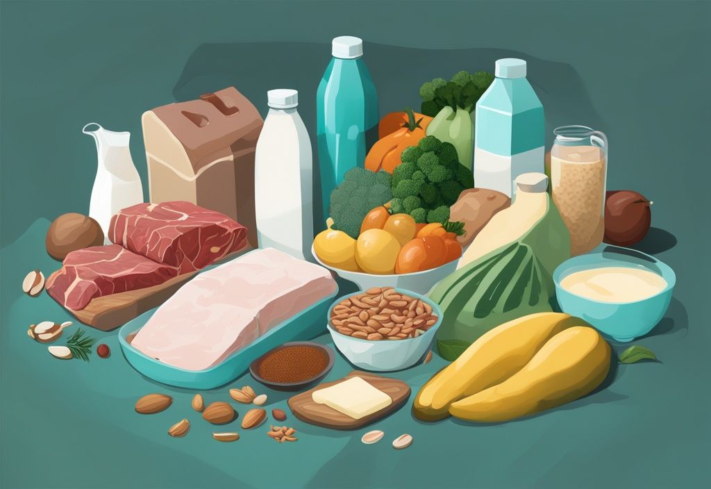 Illustrazione digitale moderna di generi alimentari con tema principale in teal, raffigurante carni, latticini, frutta, verdura, cereali e noci, separati in sezioni per rappresentare i diversi tipi di macronutrienti: proteine, carboidrati e grassi.