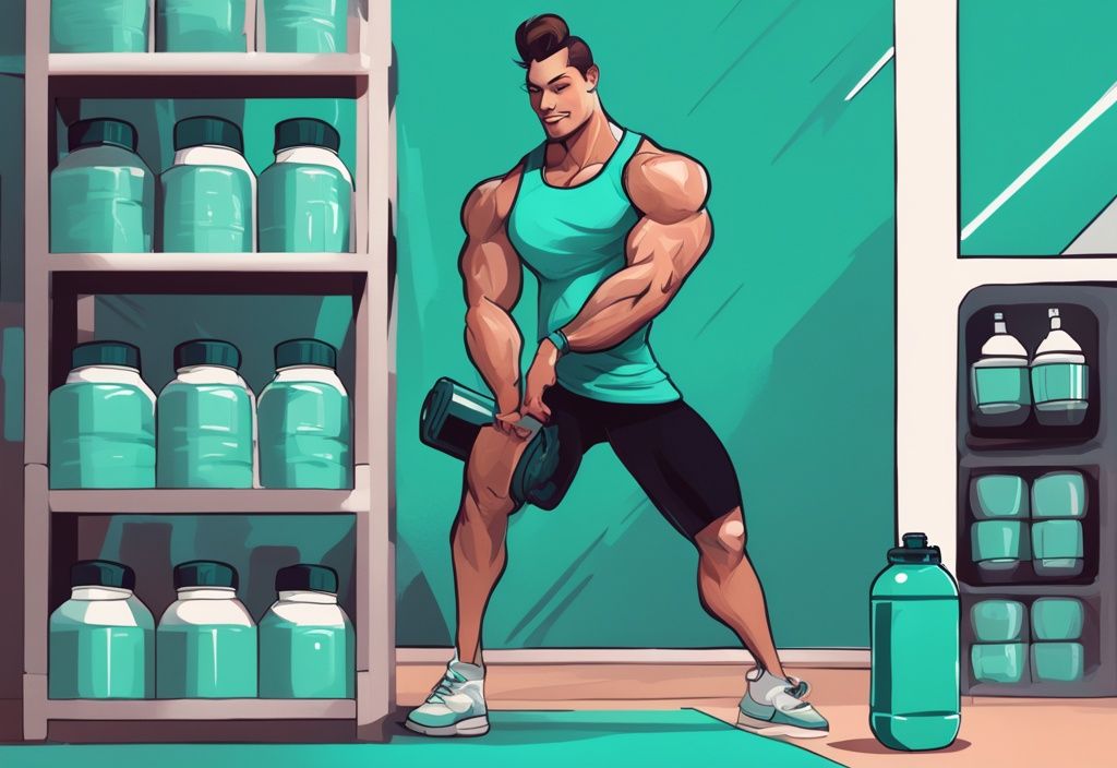 Illustrazione digitale moderna con tema colore teal, individuo in abbigliamento da palestra con shaker di proteine in polvere, orologio sul muro della palestra che mostra l'orario post-allenamento, quando prendere le proteine in polvere.