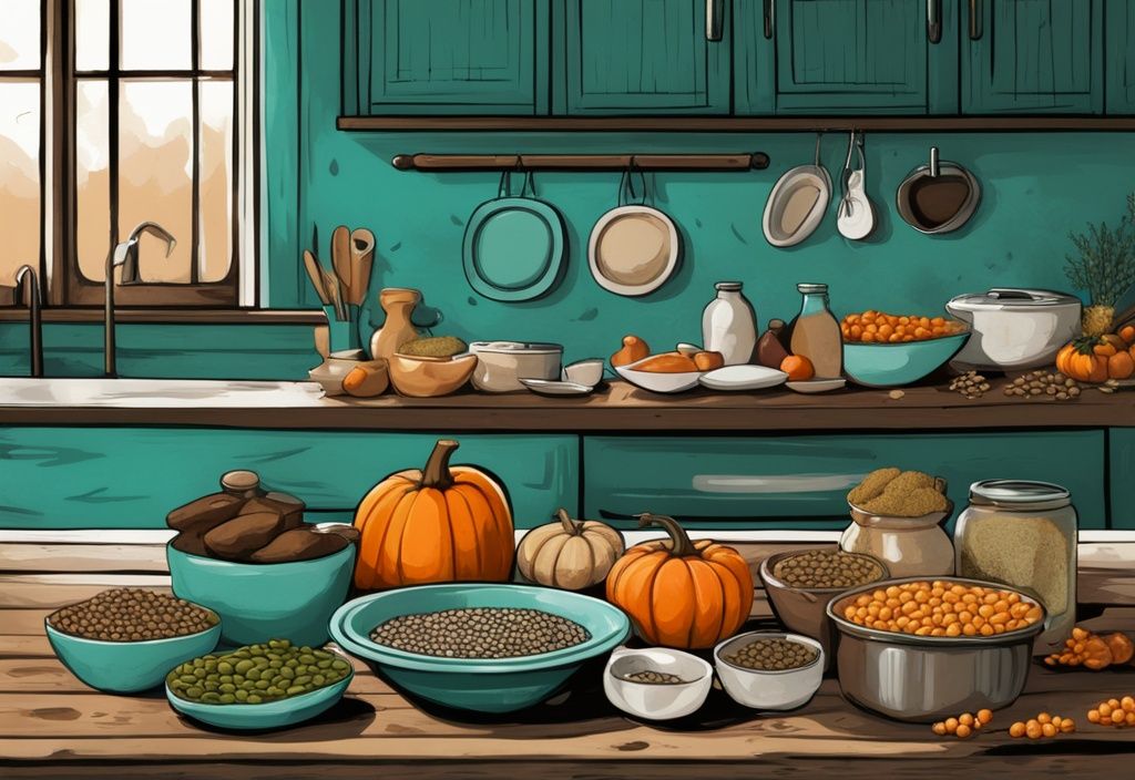 Illustrazione digitale moderna con tema colorato in teal, raffigurante cibi ricchi di arginina come tacchino, semi di zucca e lenticchie, su sfondo rustico di cucina.