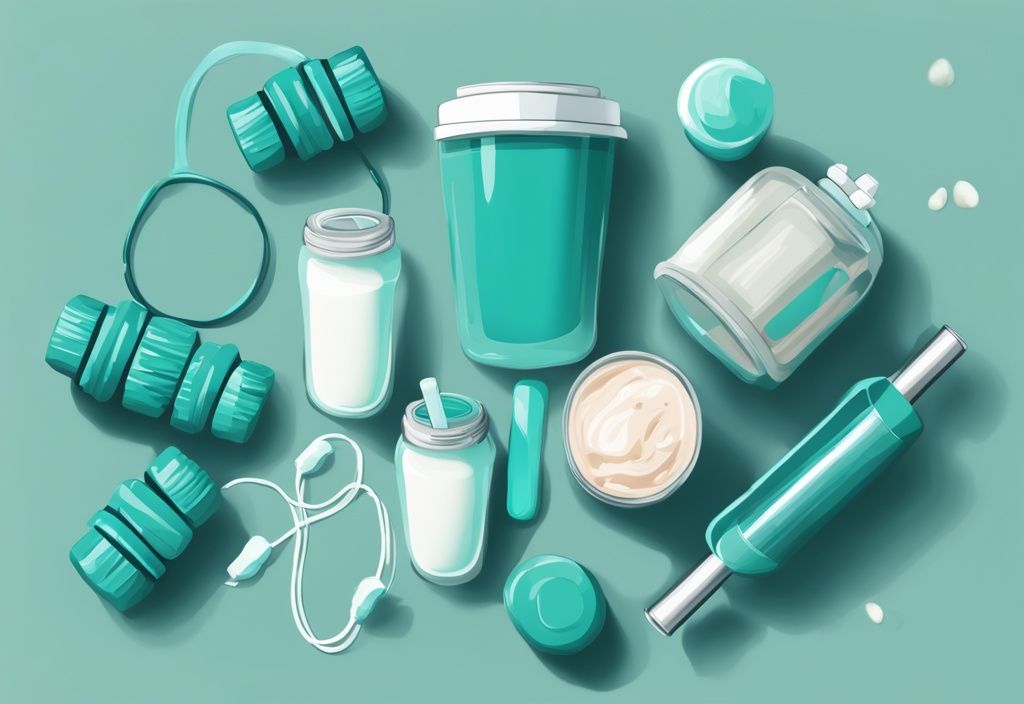 Illustrazione digitale moderna con tema principale color teal, raffigurante diverse tipologie di proteine in polvere, un bicchiere di frullato proteico e attrezzature fitness come manubri o bande di resistenza.