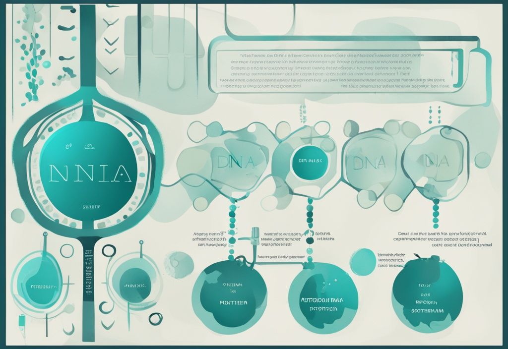 Illustrazione digitale moderna che mostra la sintesi delle proteine spiegazione semplice, dal DNA all'mRNA fino alla proteina, con tema colore principale teal.