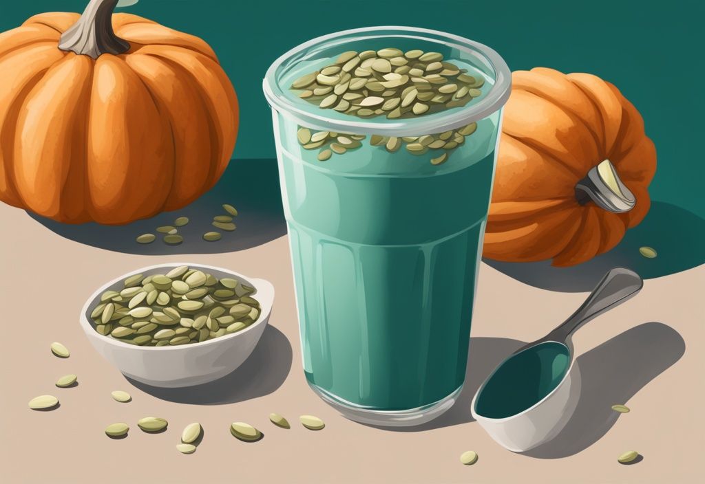 Illustrazione moderna di un frullato proteico a base di proteine di semi di zucca con semi di zucca interi e un misurino di proteine in polvere, tema colore teal.