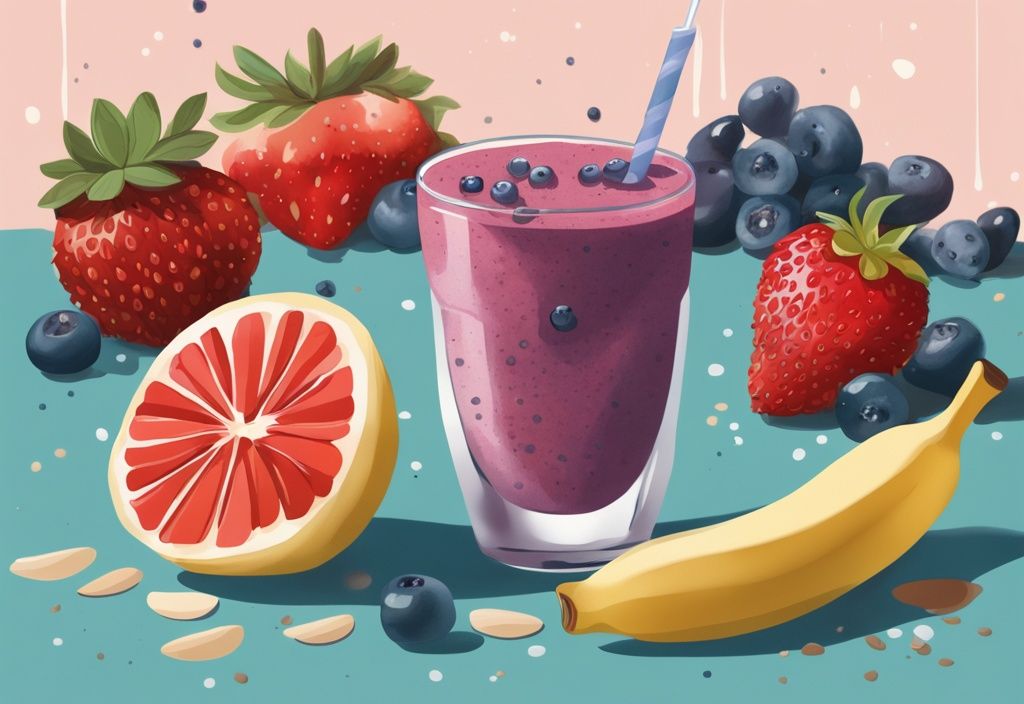 Illustrazione digitale moderna con tema colore teal, frutta fresca come banane, fragole e mirtilli accanto a un bicchiere di vetro con un frullato proteico senza proteine in polvere, guarnito con semi di chia e scaglie di mandorle.