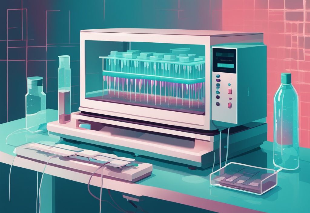 Illustrazione digitale moderna con tema principale color teal, che mostra una macchina per elettroforesi delle proteine sieriche in funzione, visualizzando chiaramente le proteine sieriche separate sullo schermo.