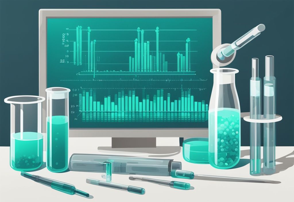 Illustrazione digitale moderna con tema colorato in teal, mostra un grafico di bande proteiche da un test di elettroforesi delle proteine del siero, con gel su tavolo da laboratorio accanto a attrezzature scientifiche come provette e pipetta.