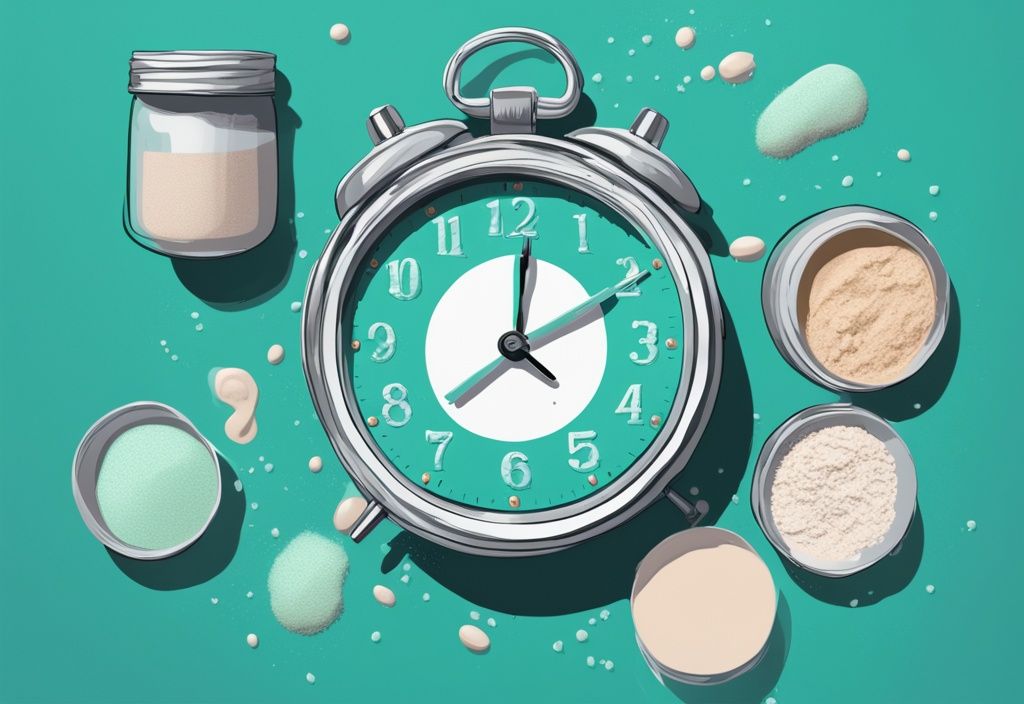 Illustrazione moderna di un orologio con polveri proteiche disposte intorno, indicante i momenti migliori per il consumo, tema colore teal.