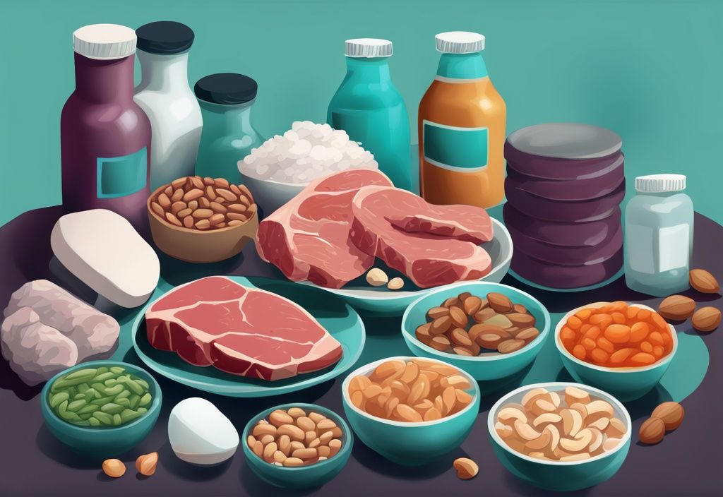 Illustrazione digitale moderna con alimenti ricchi di proteine come carni magre, latticini, fagioli e noci, disposti attorno a manubri per enfatizzare la crescita muscolare e la forza, tema principale colore teal.