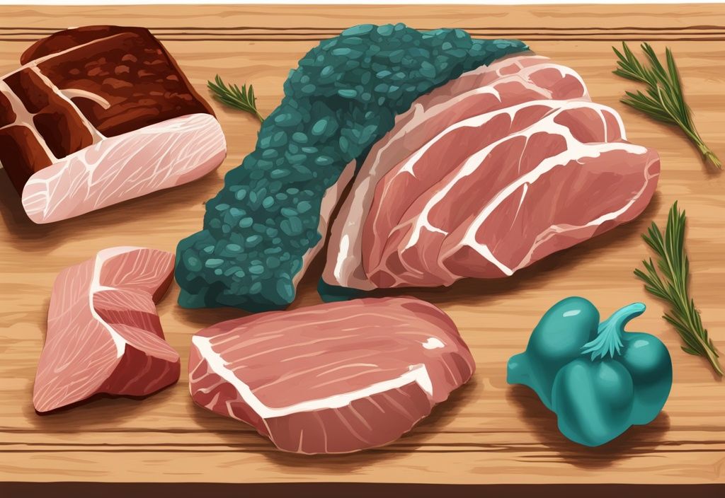 Illustrazione digitale moderna con tema principale color teal, mostrando carne ad alto contenuto proteico come petto di pollo, manzo magro e tacchino su un tagliere di legno con indicazione visiva del contenuto proteico.