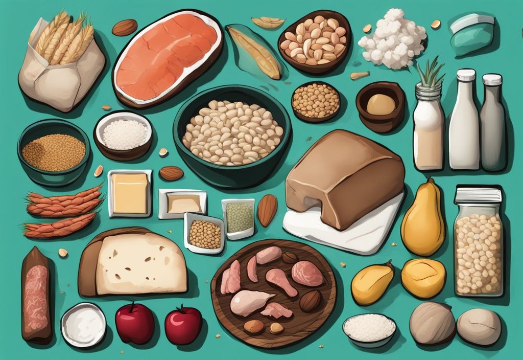 Illustrazione digitale moderna di generi alimentari con tema principale color teal, che mostra proteine, carboidrati e grassi separati in sezioni, inclusi carni, latticini, frutta, verdura, cereali e noci.