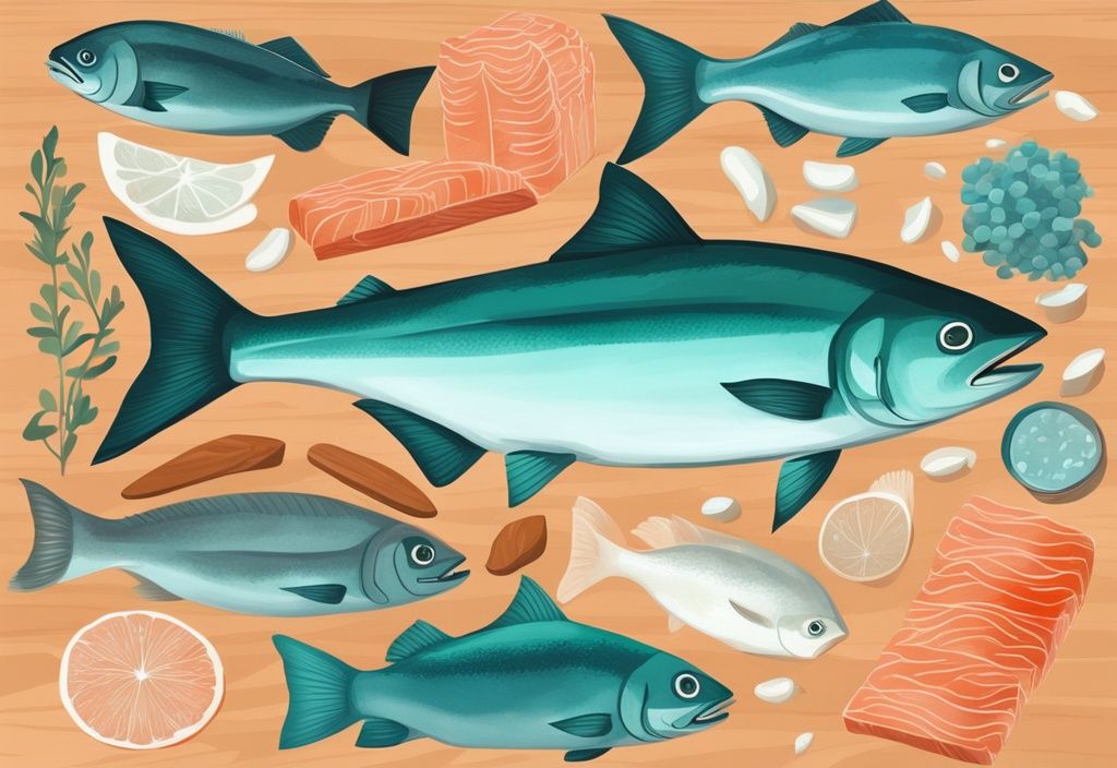 Illustrazione digitale moderna in tema teal con salmoni, tonni e halibut su un tagliere di legno, con il contenuto proteico evidenziato; pesce con più proteine.