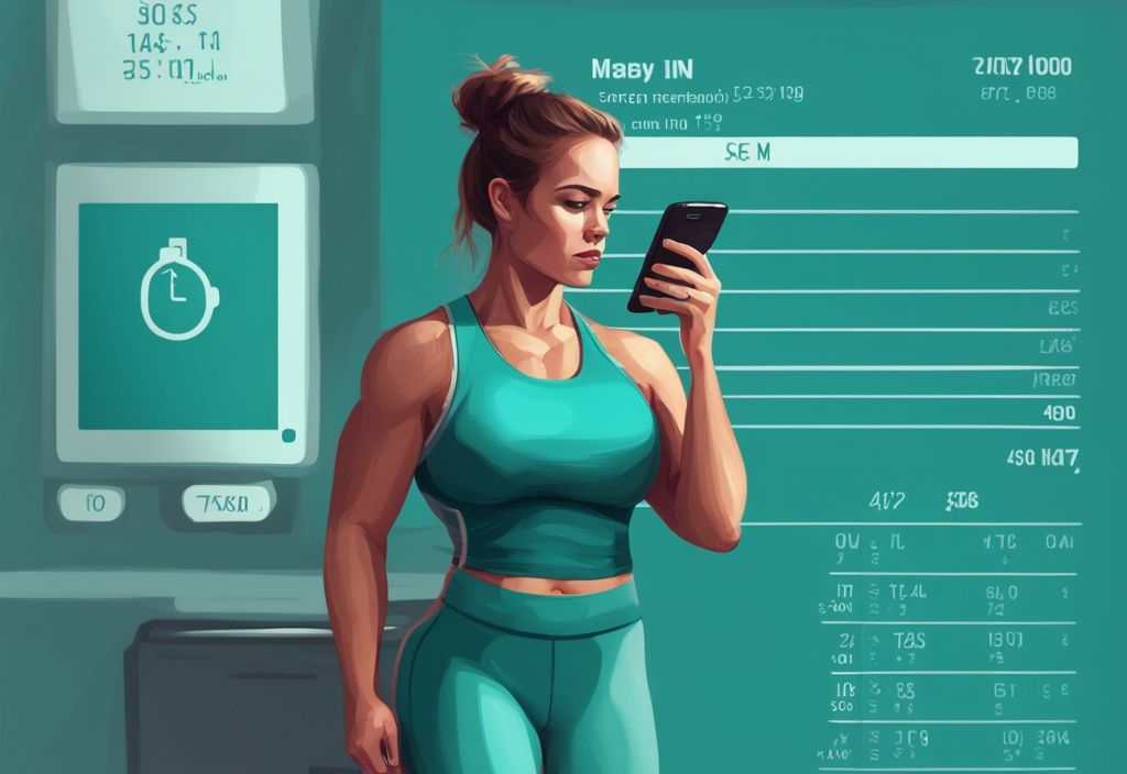 Illustrazione digitale moderna di un'appassionata di fitness che pesa 70kg e consulta una tabella di assunzione di proteine sul suo telefono, tema colore principale teal.