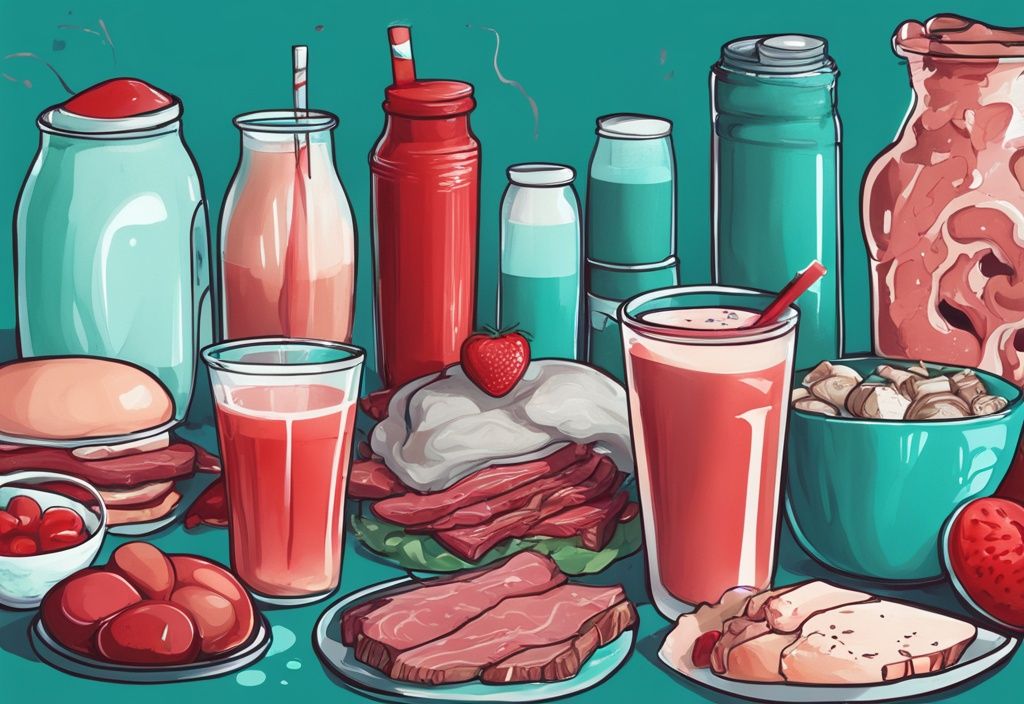 Illustrazione digitale moderna con tema principale color teal, raffigurante alimenti ricchi di proteine come carne rossa, latticini e frullati proteici su un lato, e metafore visive per effetti collaterali come gonfiore, danni ai reni e problemi cardiaci sull'altro lato.