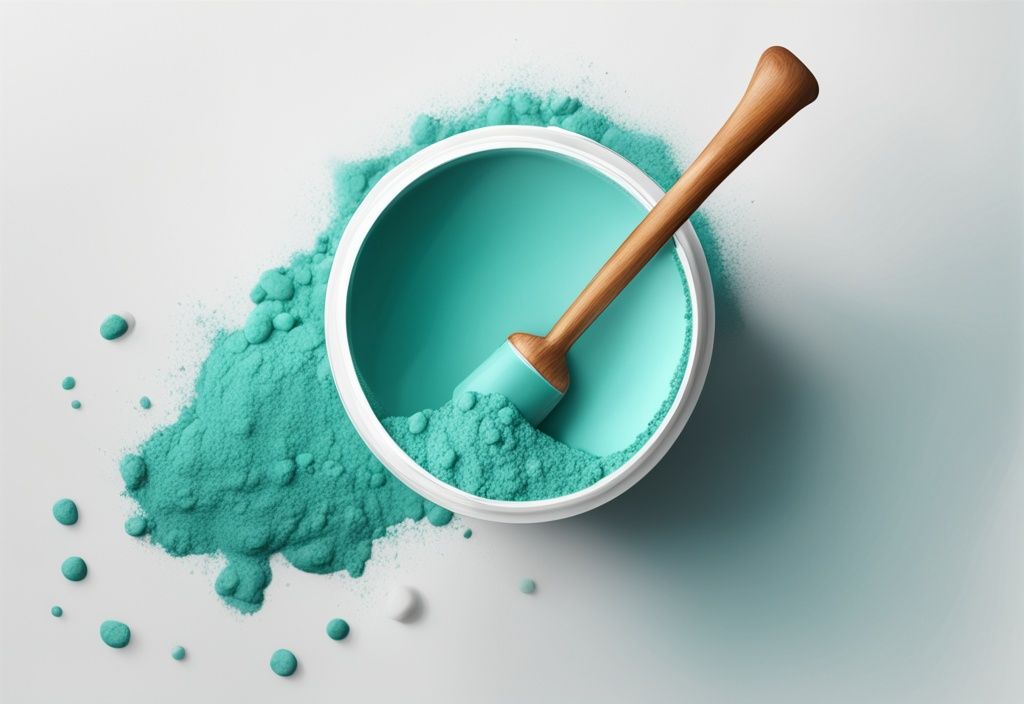 Illustrazione moderna di un primo piano di un misurino riempito di proteine in polvere isolate su sfondo bianco minimalista, con tema di colore principale teal.