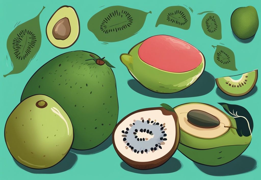 Illustrazione digitale moderna di frutta ad alto contenuto proteico come guava, avocado e kiwi con valori proteici in evidenza, tema colore teal.