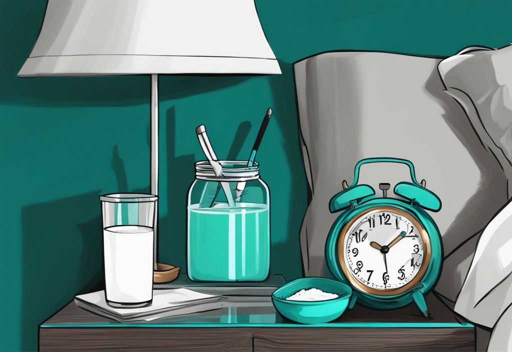 Illustrazione digitale moderna con tema principale color teal, raffigurante un comodino con un bicchiere di frullato proteico, un misurino di proteine e un orologio che segna tarda sera, ideale per chi cerca proteine prima di dormire.