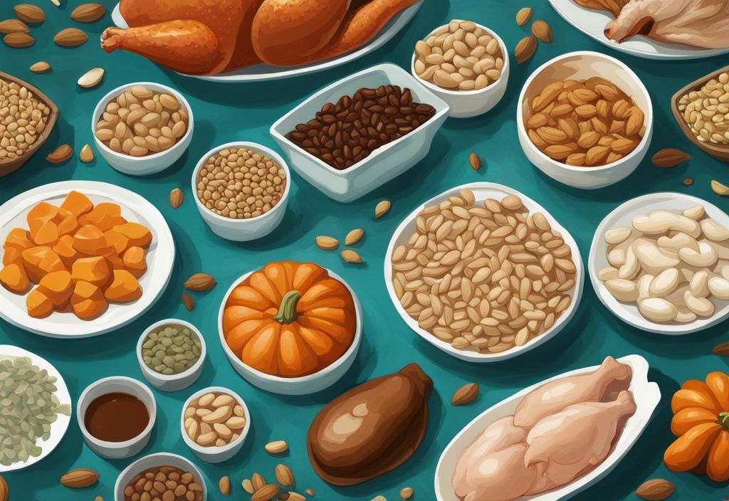 Illustrazione digitale moderna con tema principale color teal che mostra una varietà di alimenti ricchi di arginina come tacchino, semi di zucca, soia, arachidi e pollo, presentati su un tavolo da pranzo.