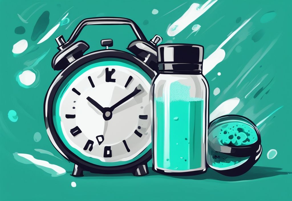 Illustrazione digitale moderna con tema principale color teal, raffigurante uno shaker proteico con quadrante orologio che evidenzia i tempi ottimali per assumere proteine.