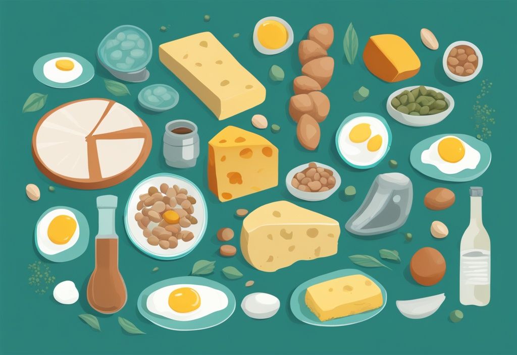 Illustrazione digitale moderna con tema principale color teal, raffigurante alimenti ricchi di proteine a rilascio lento come formaggio, pollo, uova e legumi, con piccole icone di orologi sovrapposte per rappresentare il rilascio graduale delle proteine.