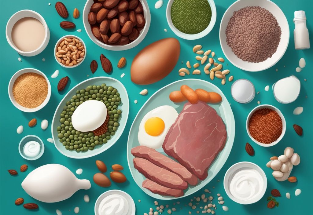 Illustrazione moderna di cibi come carne magra, uova, legumi, quinoa, yogurt greco e noci, rappresentanti le migliori fonti di proteine, con tema colore principale teal.