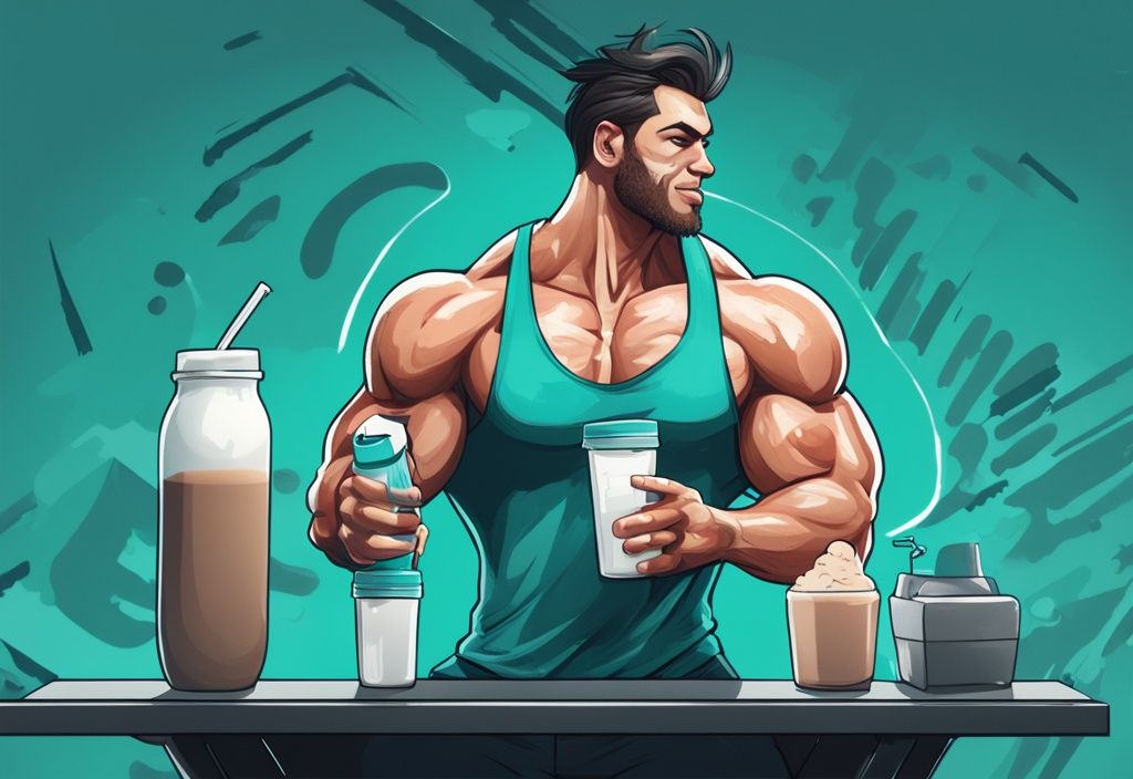 Illustrazione moderna di un atleta muscoloso che beve un frullato proteico, con proteine del siero di latte, uova e pollo alla griglia sullo sfondo, simbolo delle fonti di proteine per la massa muscolare, tema colore teal.