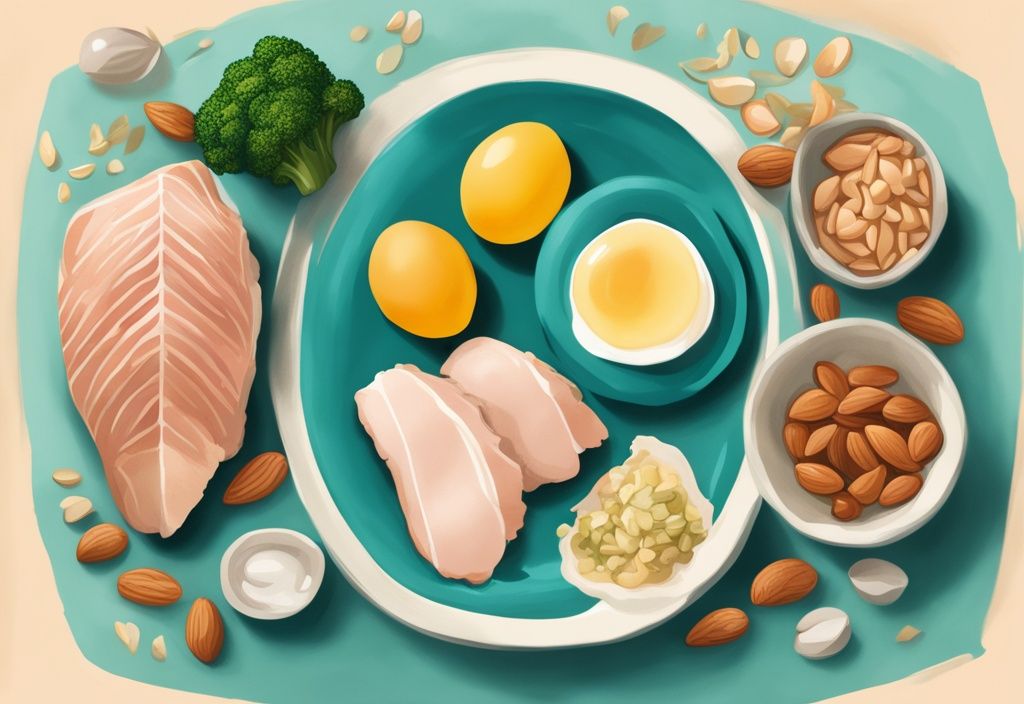 Illustrazione digitale moderna con cibi con tante proteine e pochi carboidrati come petto di pollo, uova, tonno, broccoli e mandorle, con tema di colore principale verde acqua.