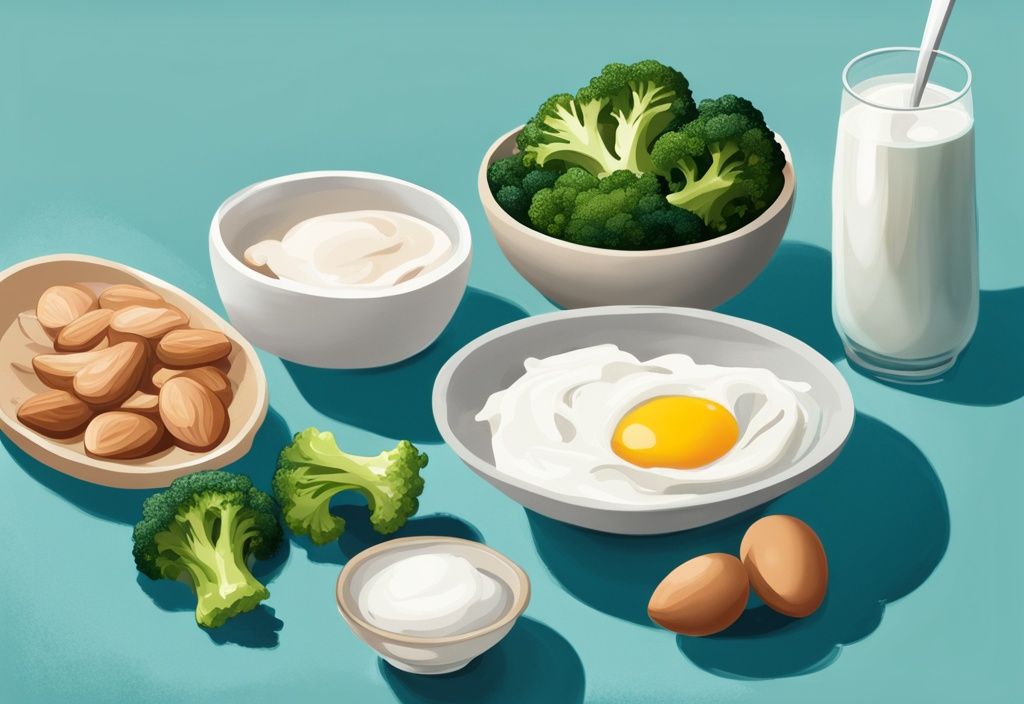 Illustrazione digitale moderna di cibi ad alto contenuto proteico e basso contenuto di carboidrati, tra cui pollo magro, uova, yogurt greco, broccoli e mandorle, con tema principale color teal.