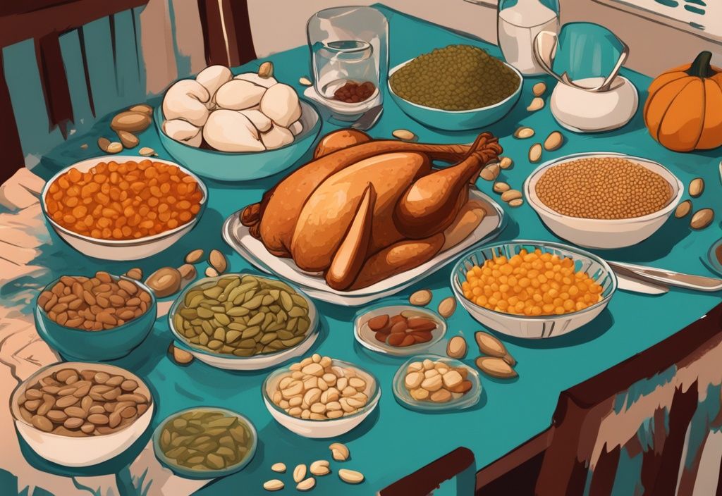 Illustrazione digitale moderna di alimenti ricchi di arginina come tacchino, semi di zucca, soia, arachidi e pollo su un tavolo da pranzo, con tema cromatico principale in tonalità di teal.