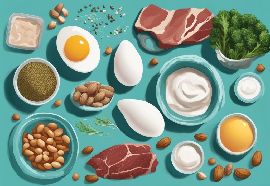 Illustrazione digitale moderna con tema principale color teal, raffigurante vari cibi come carne magra, uova, legumi, quinoa, yogurt greco e noci, simbolo delle migliori fonti di proteine.