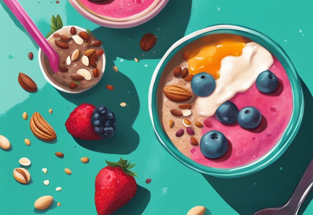 Colazione sana con proteine in polvere: smoothie bowl trendy con frutta colorata e noci