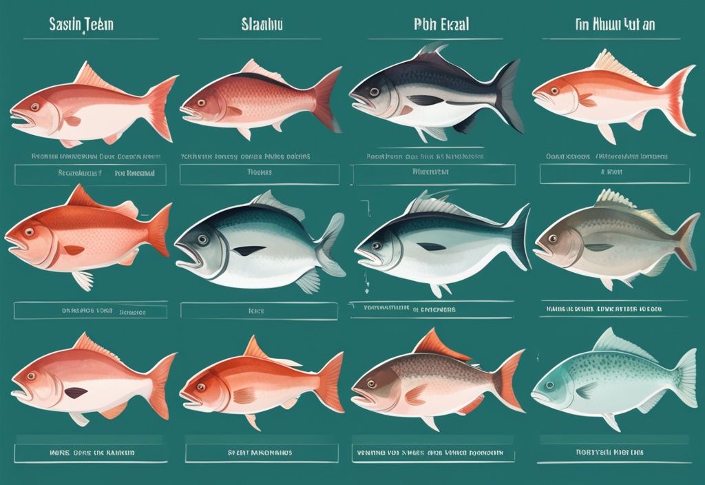 Illustrazione digitale moderna di pesci come salmone, tonno e halibut con etichette di contenuto proteico, tema colore teal.