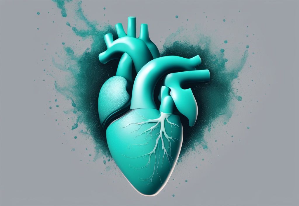 Illustrazione digitale moderna di un cuore umano con particelle di proteine in polvere che vorticano intorno, tema principale di colore teal, che illustra i potenziali effetti sulla salute.