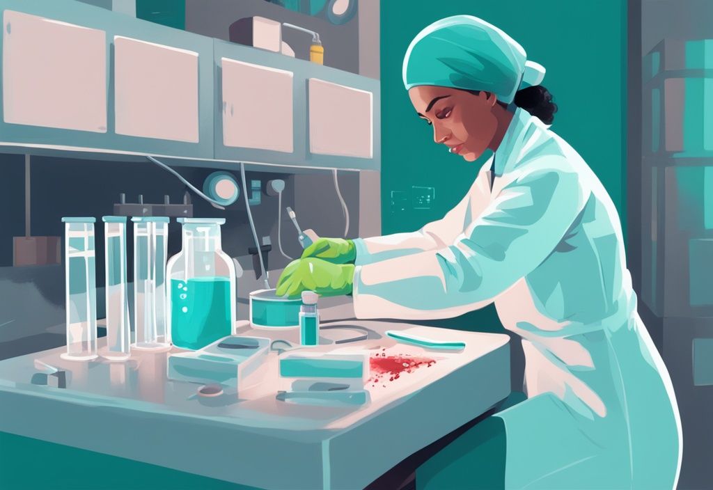 Tecnico di laboratorio esegue elettroforesi delle proteine sieriche su un banco da laboratorio, illustrazione digitale moderna con tema colore teal