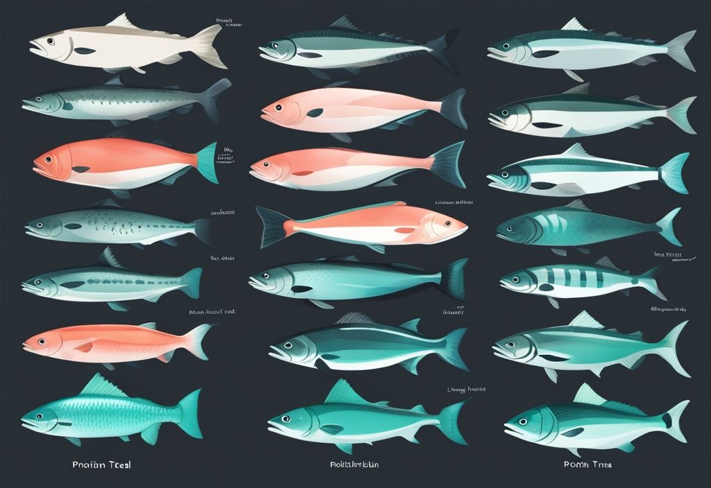 Illustrazione digitale moderna con tema principale color teal, vari tipi di pesce come salmone, tonno e halibut affiancati, ciascuno etichettato con il suo contenuto proteico.