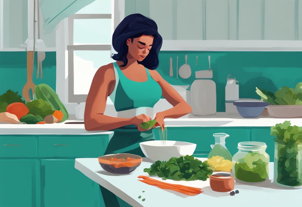 Illustrazione digitale moderna con tema principale in teal, raffigurante una donna che prepara un'insalata ricca di proteine nella sua cucina, con ausili visivi che spiegano l'apporto proteico giornaliero raccomandato per la perdita di peso.