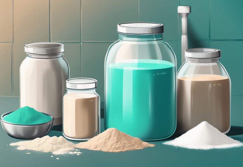 Illustrazione digitale moderna del processo di produzione di proteine in polvere, con ingredienti come siero di latte, additivi e aromi, e il prodotto finito confezionato, tema colore principale teal.